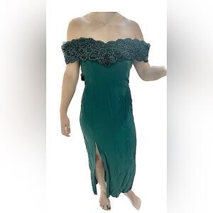 Bari Jay Vintage Formal Off Shoulder Dress Green Sequin Lace Women’s Size 9/10